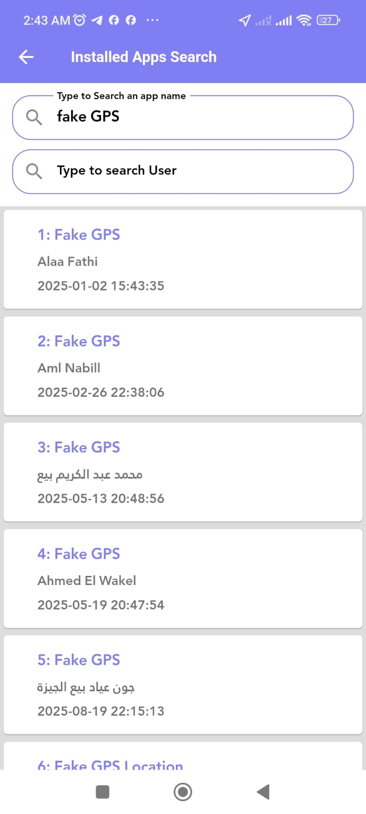 List of users with Fake GPS apps